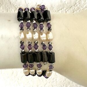 Hematite purple beaded pearl beaded wrap bracelet